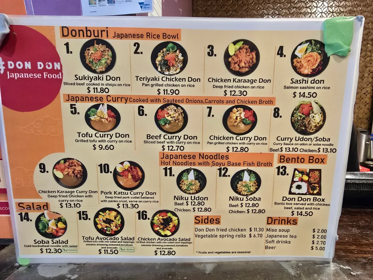 Menu, Don Don South Melbourne