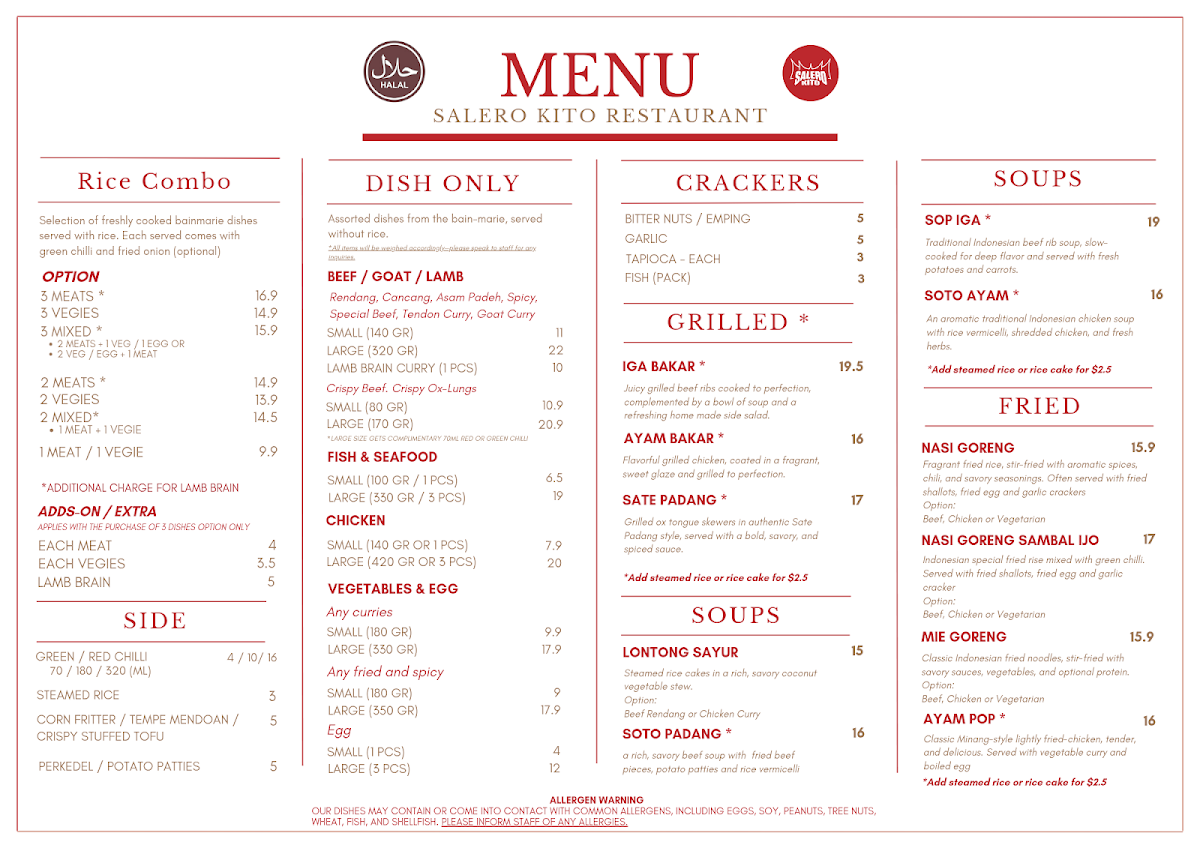 Menu, Salero Kito Russell Street (HALAL)