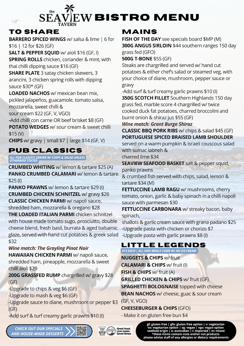 Menu, Seaview Tavern