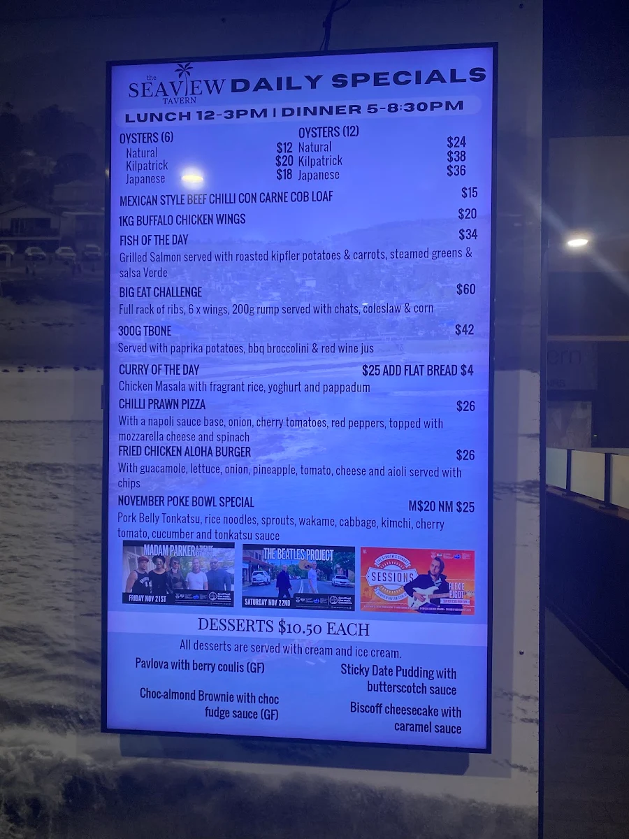 Menu, Seaview Tavern