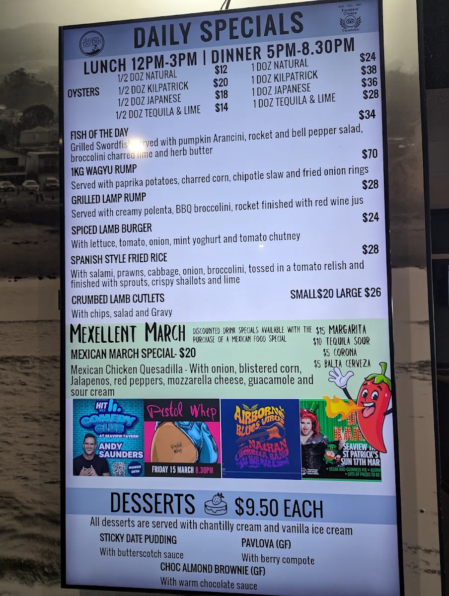 Menu, Seaview Tavern