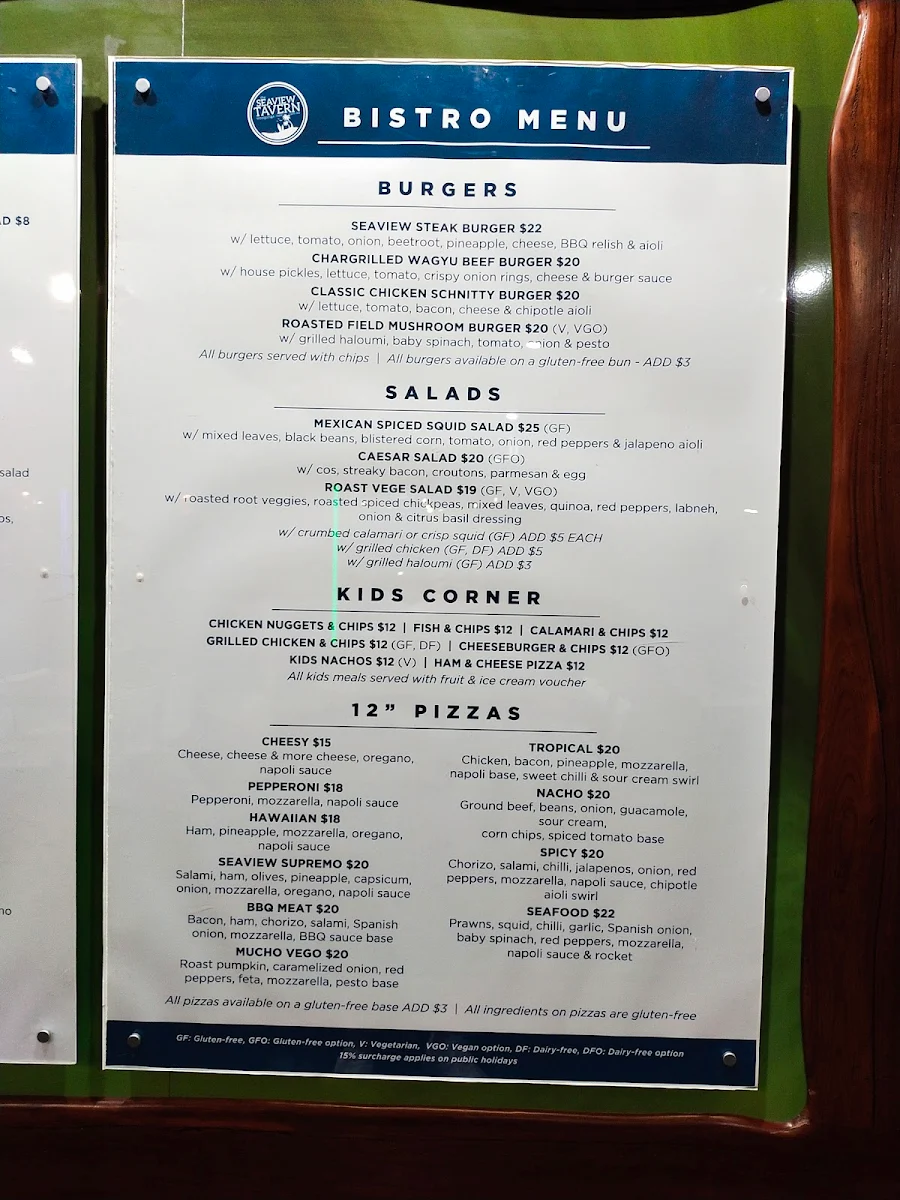 Menu, Seaview Tavern