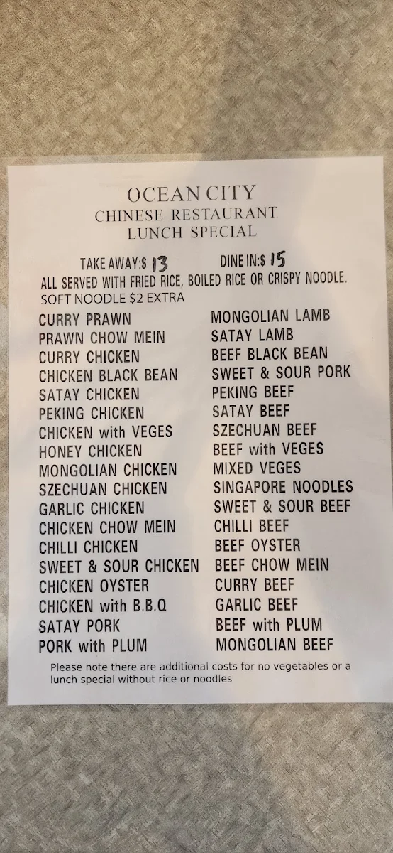 Menu, Ocean City Chinese Restaurant