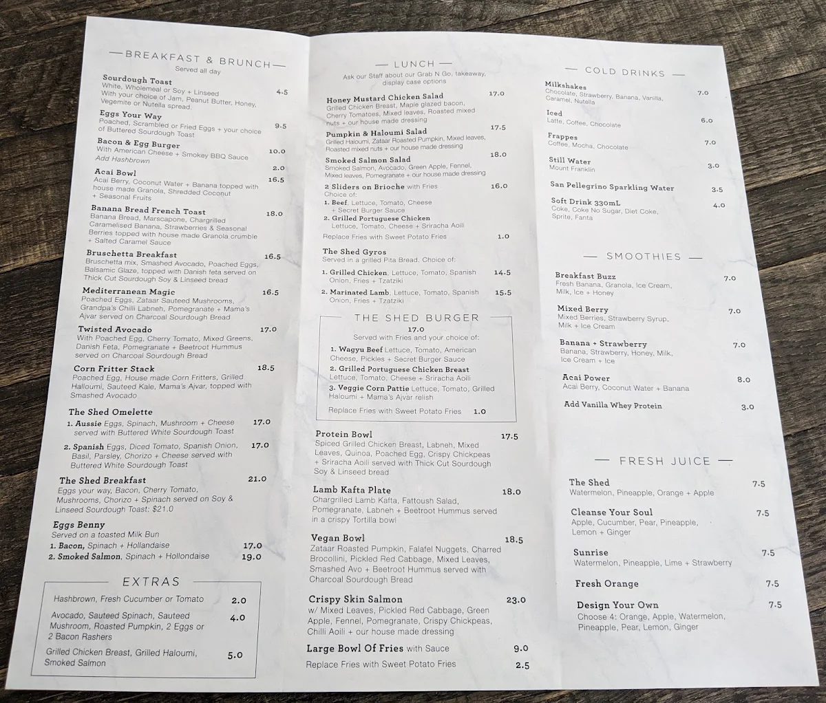 Menu, The Shed Cafe & Catering Parramatta
