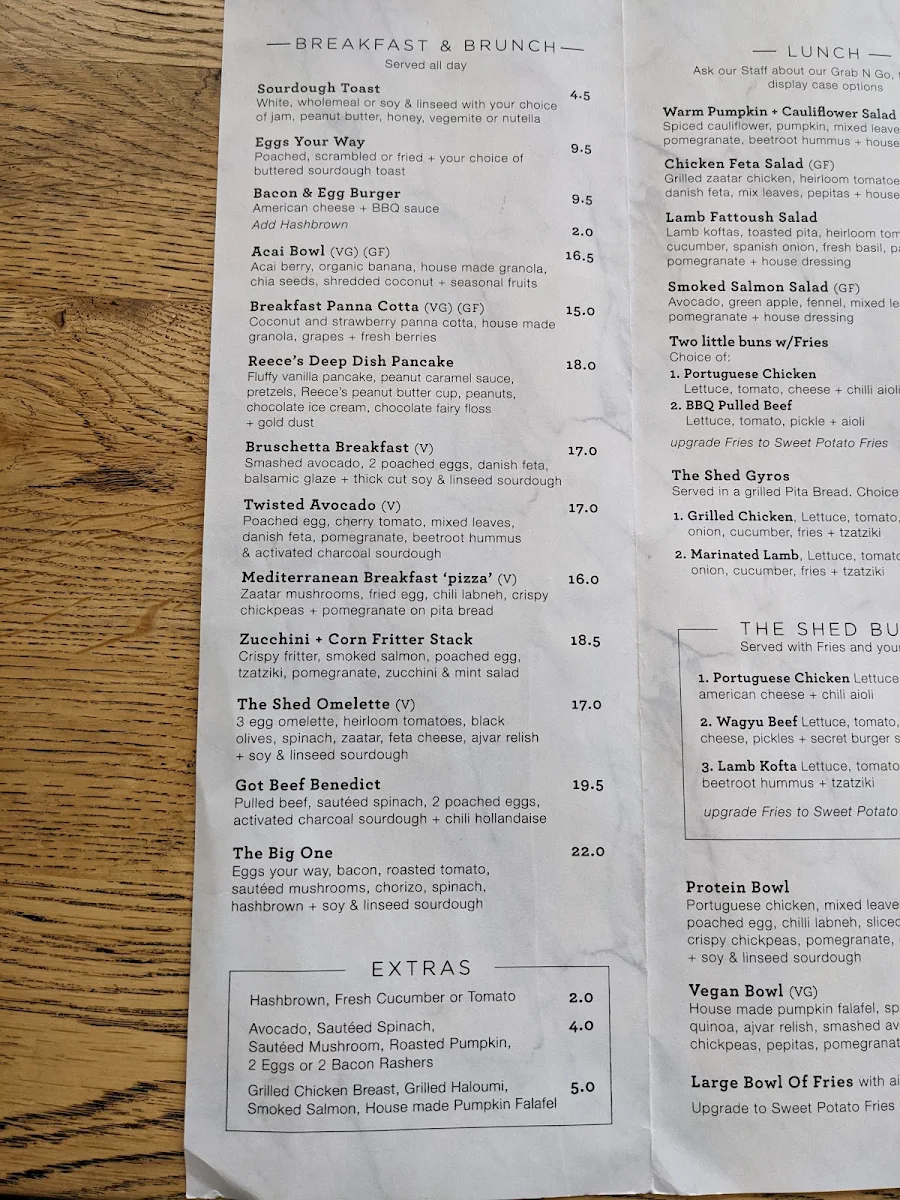 Menu, The Shed Cafe & Catering Parramatta