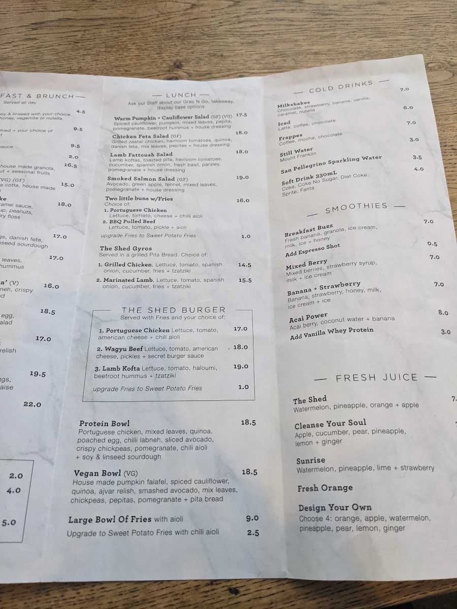 Menu, The Shed Cafe & Catering Parramatta