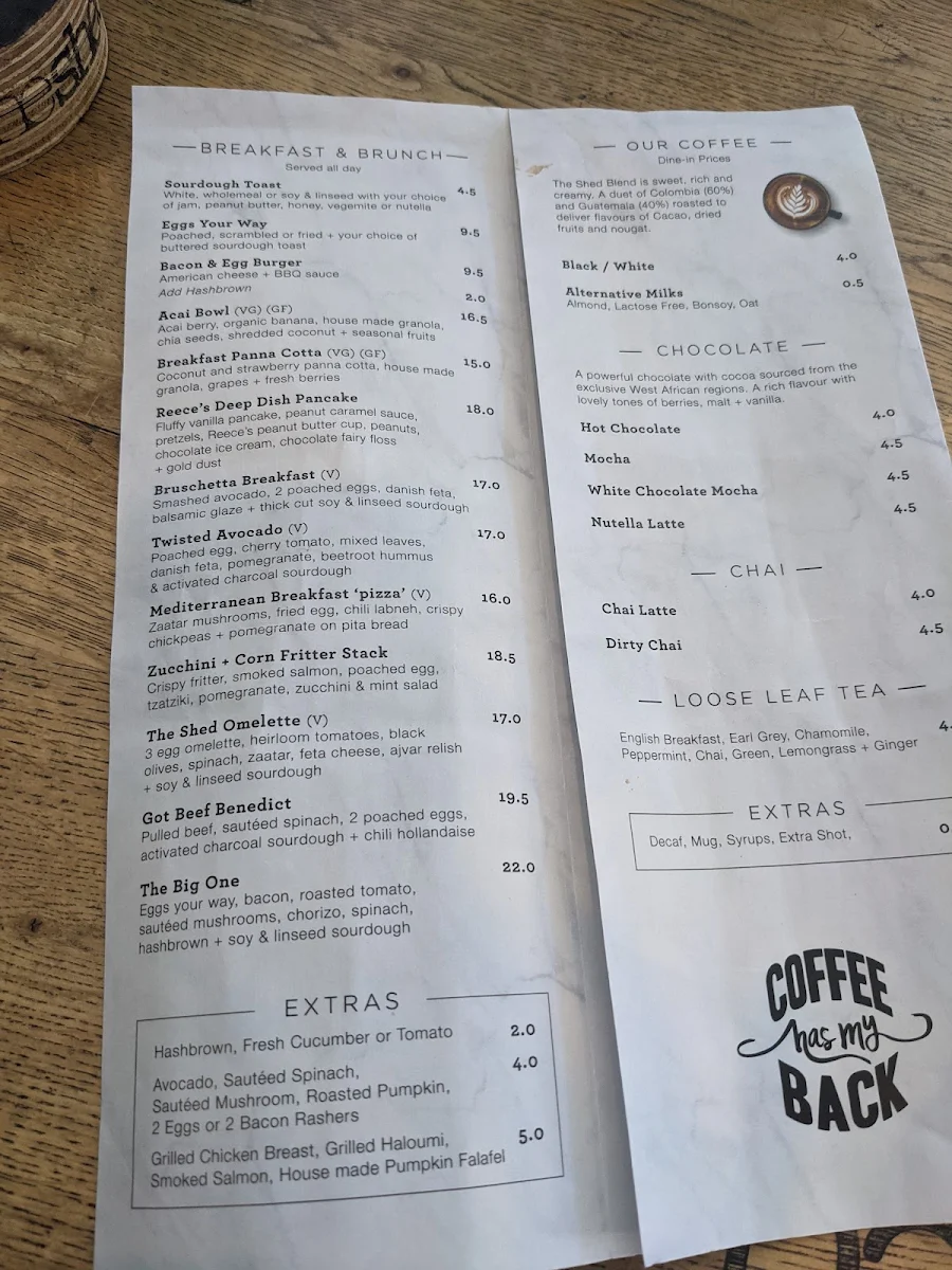 Menu, The Shed Cafe & Catering Parramatta
