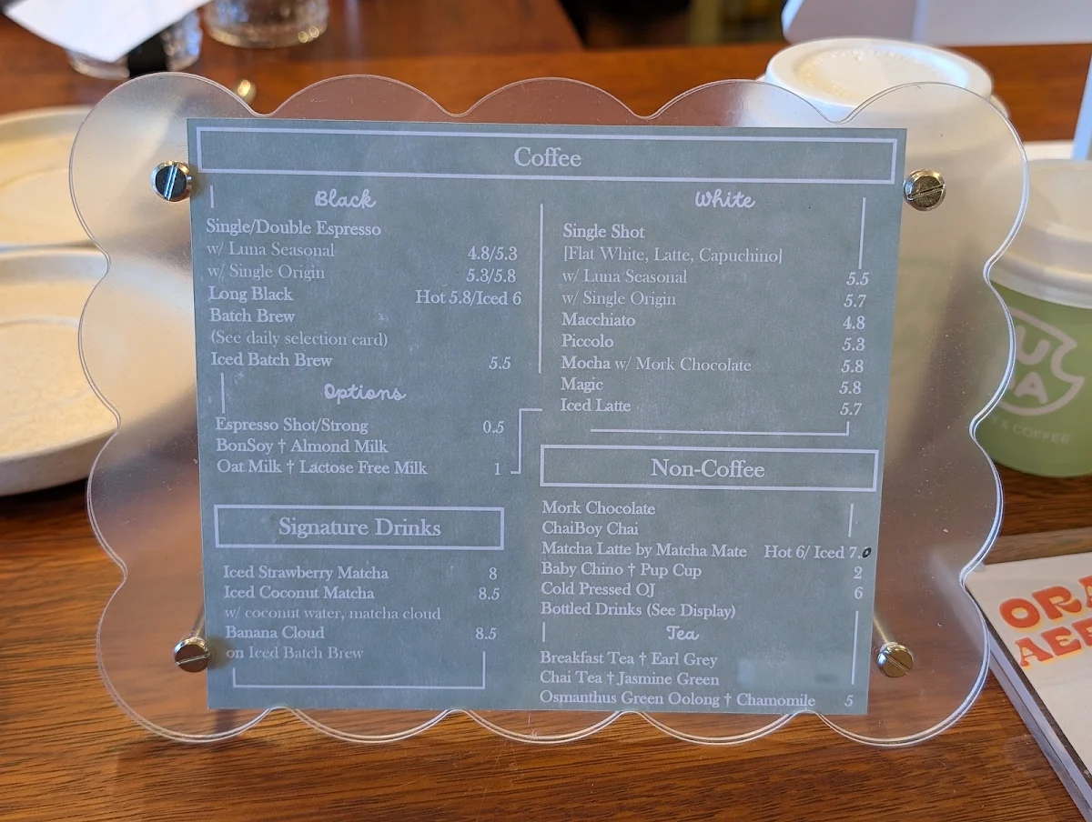 Menu, Luna Bakery