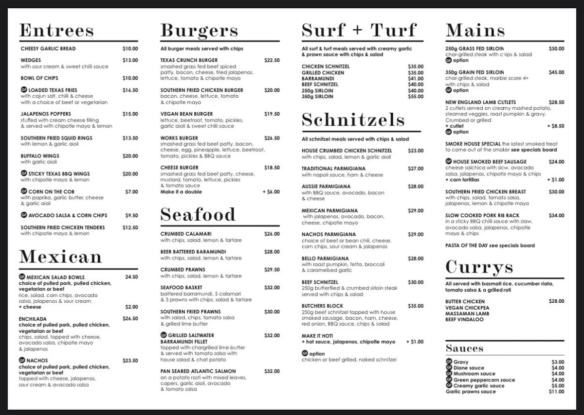 Menu, Diggers Tavern