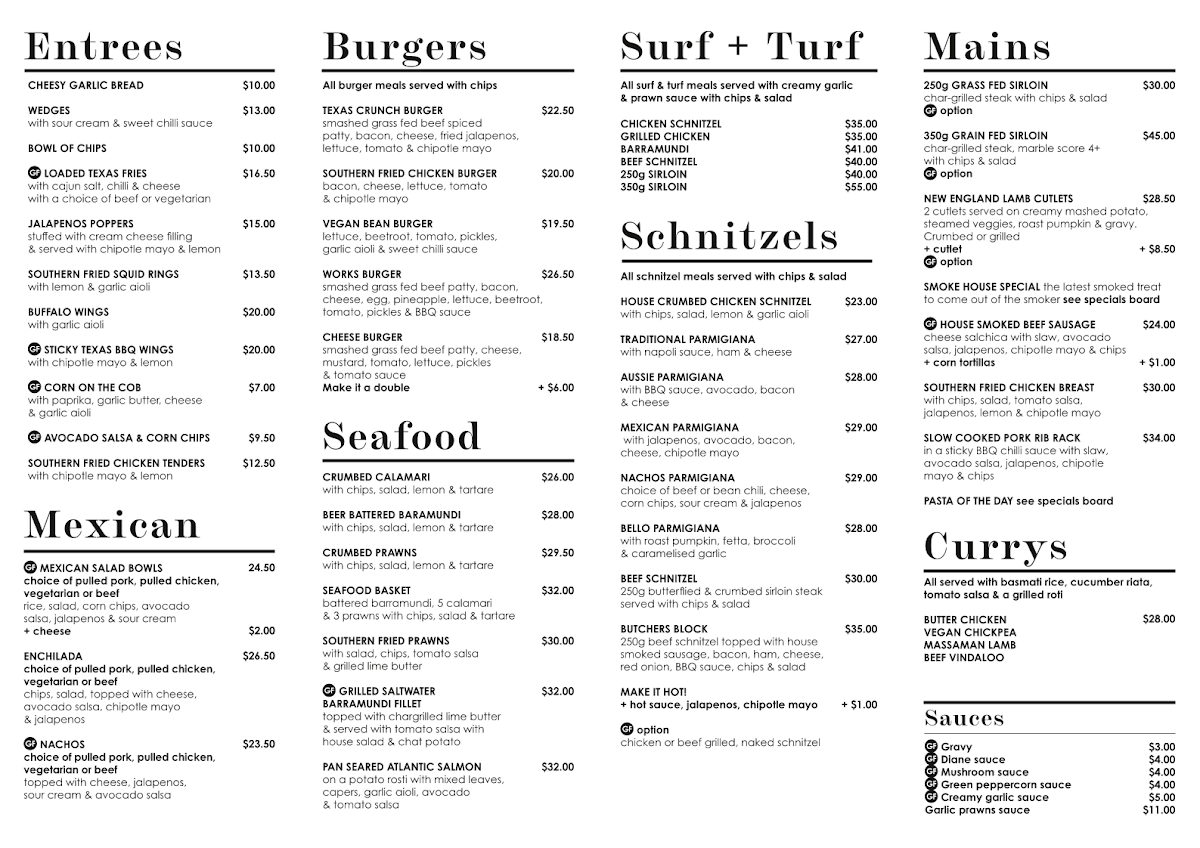 Menu, Diggers Tavern