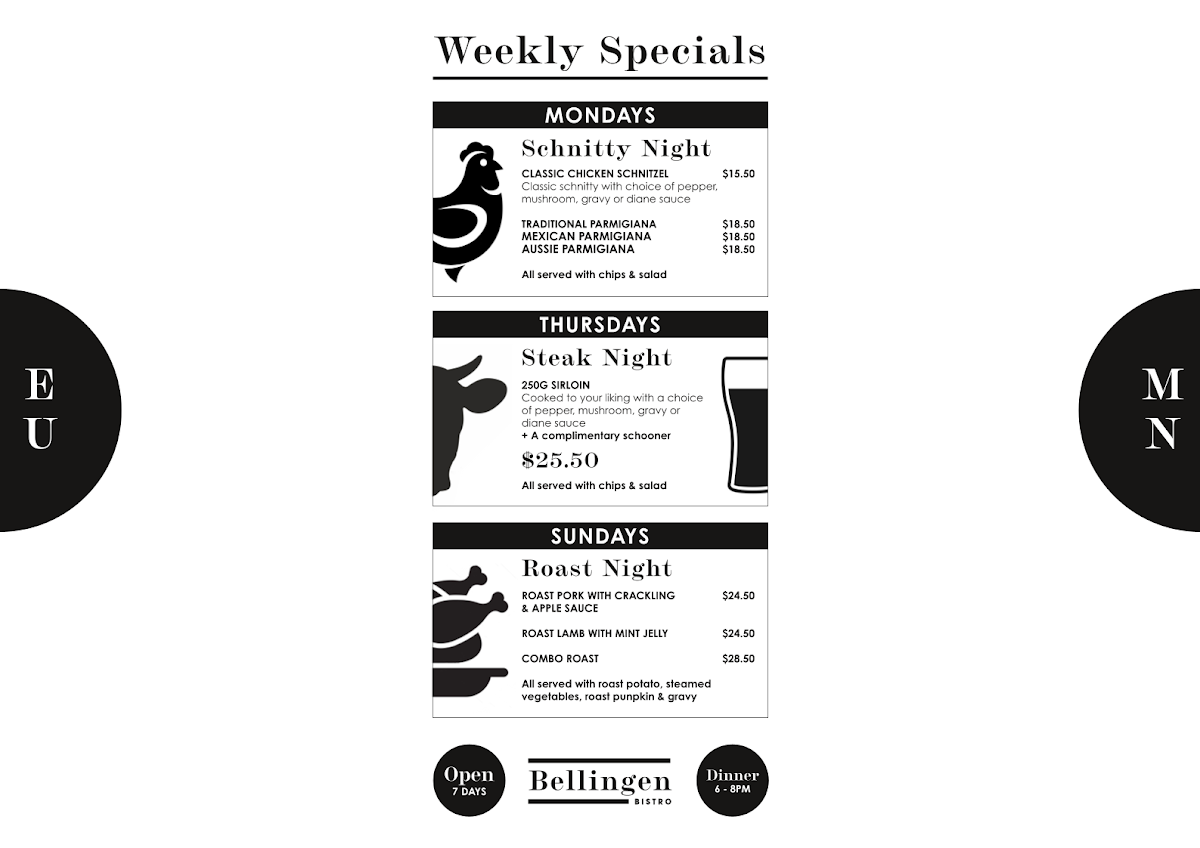 Menu, Diggers Tavern