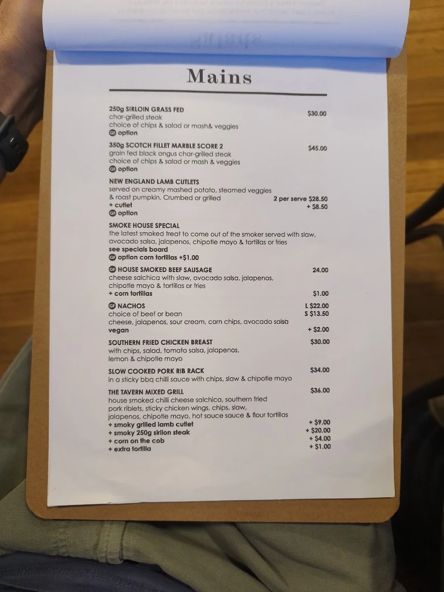 Menu, Diggers Tavern