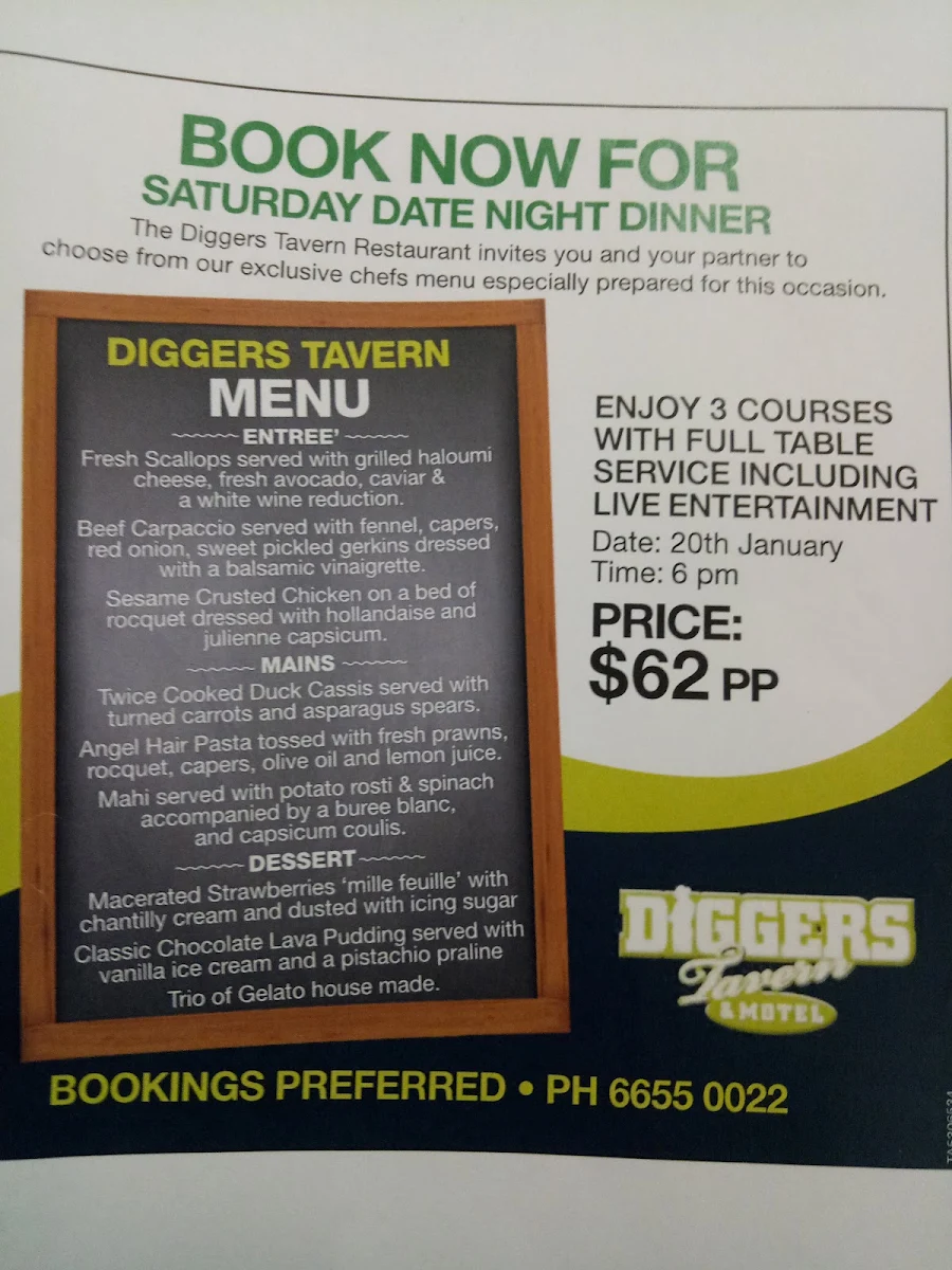 Menu, Diggers Tavern