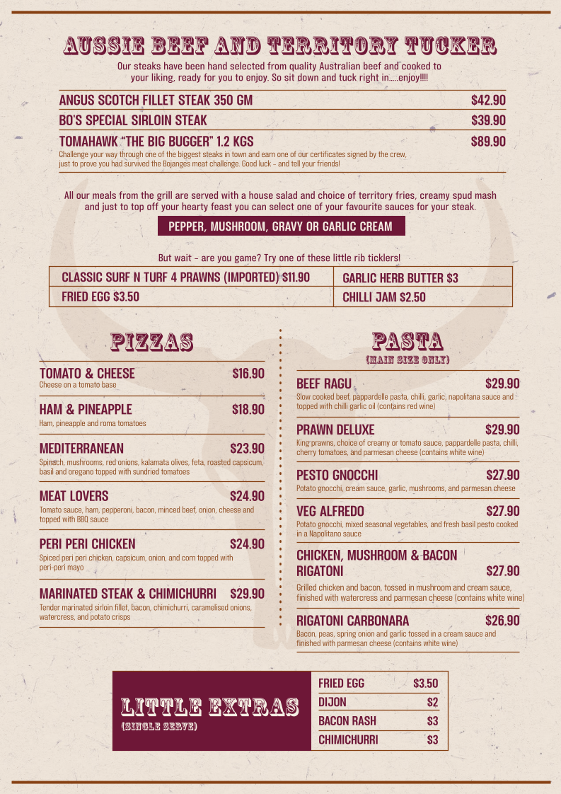 Menu, Bojangles Saloon & Dining Room