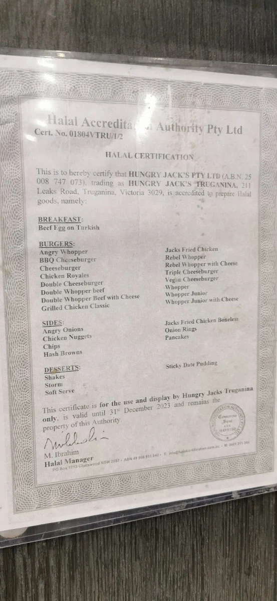 Menu, Hungry Jack's Burgers Truganina