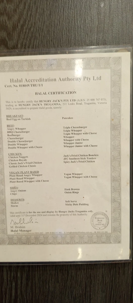 Menu, Hungry Jack's Burgers Truganina