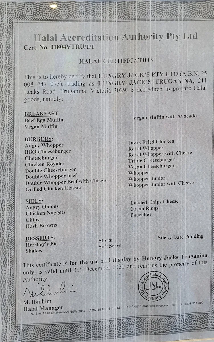 Menu, Hungry Jack's Burgers Truganina