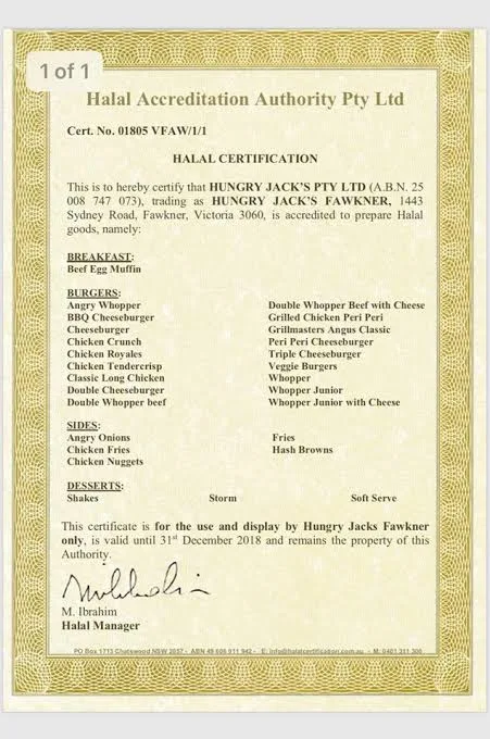 Menu, Hungry Jack's Burgers Truganina