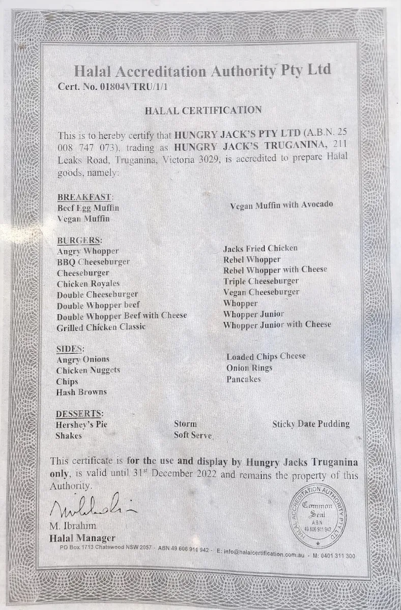 Menu, Hungry Jack's Burgers Truganina
