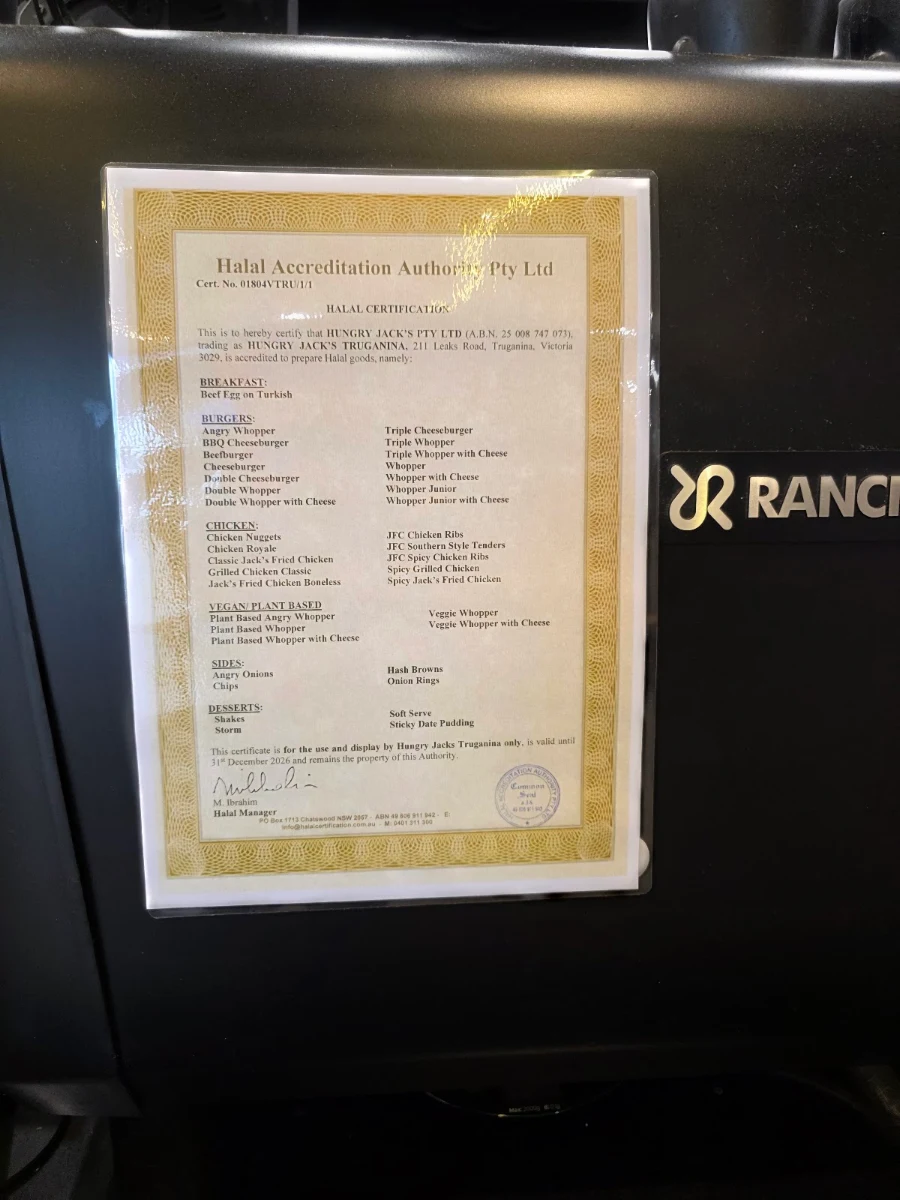 Menu, Hungry Jack's Burgers Truganina