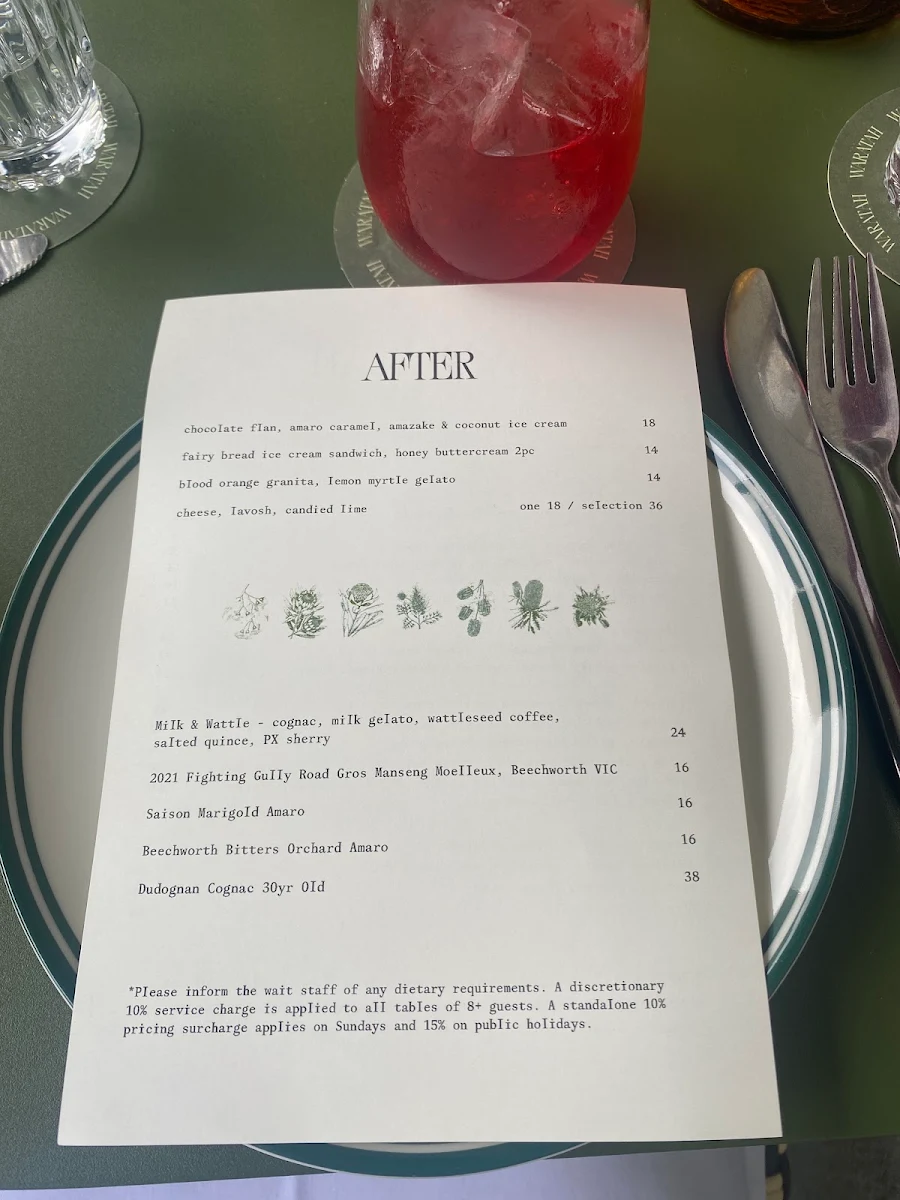 Menu, The Waratah