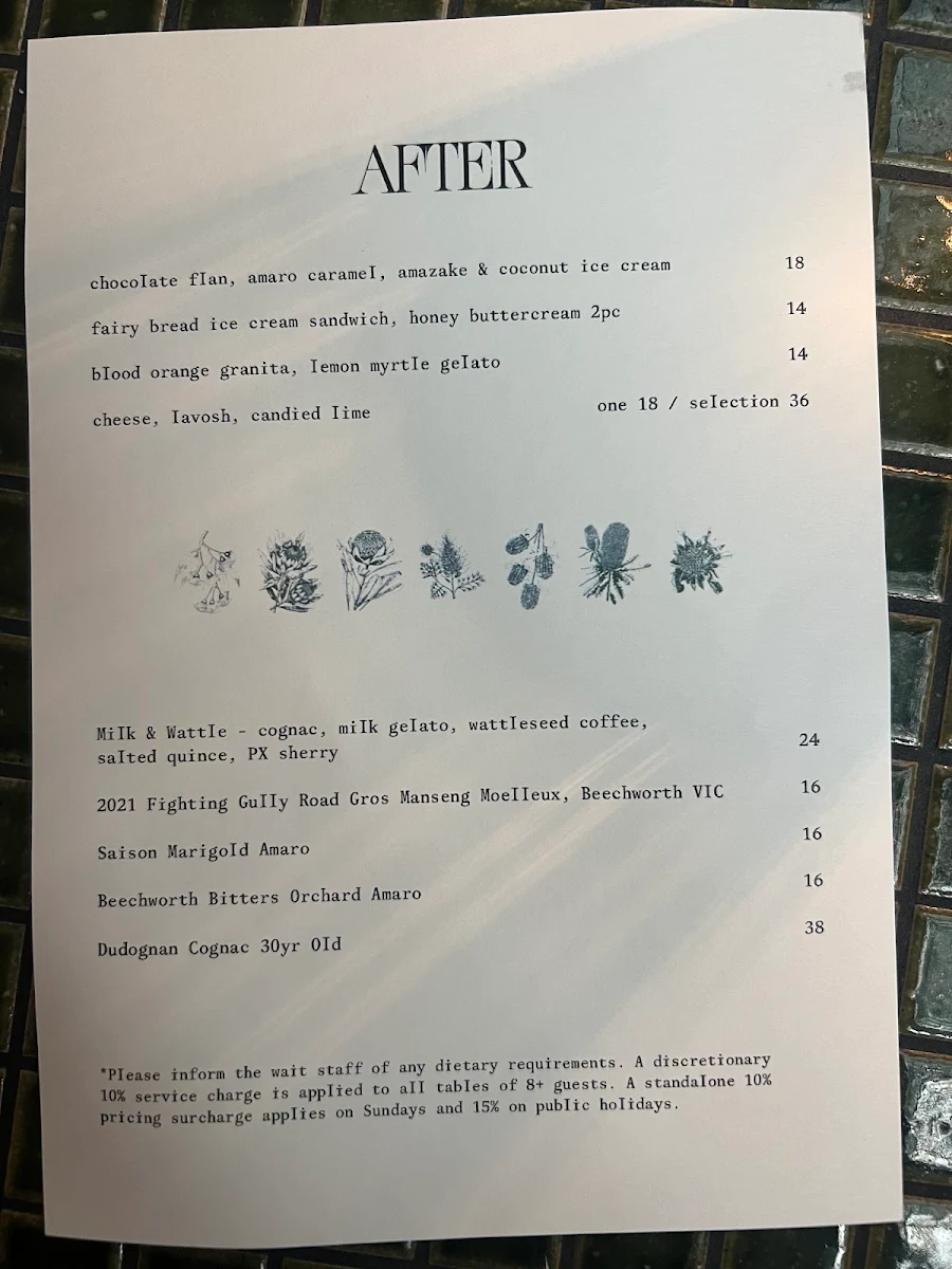 Menu, The Waratah