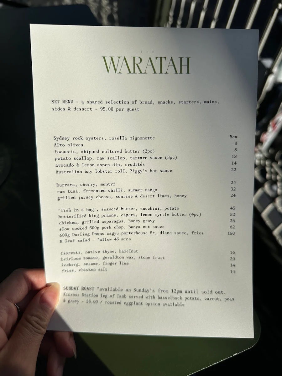 Menu, The Waratah