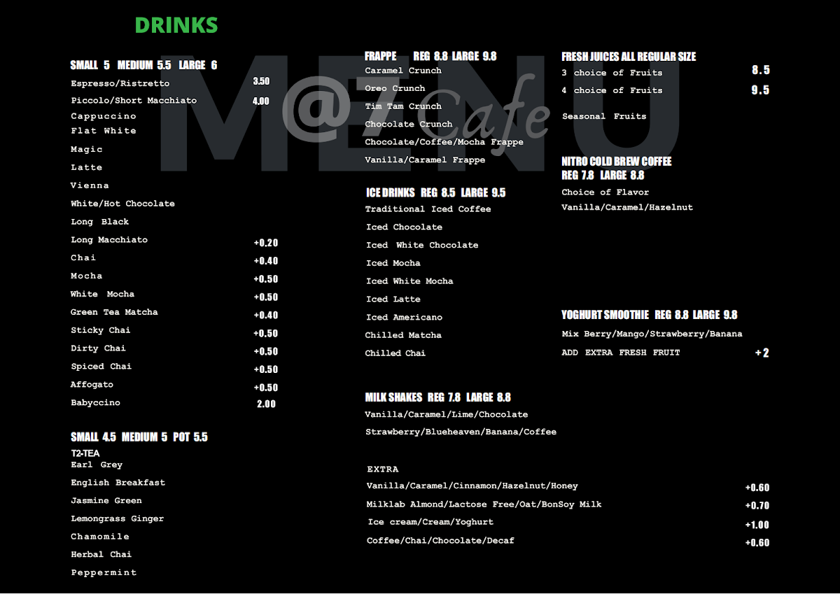 Menu, @7 cafe