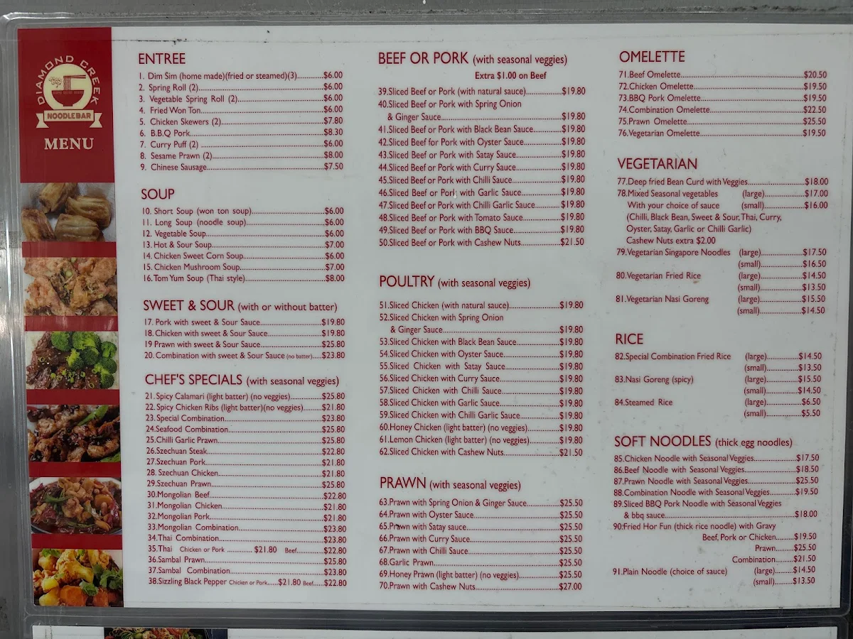 Menu, Diamond Creek Noodle Bar