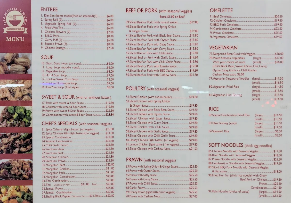 Menu, Diamond Creek Noodle Bar