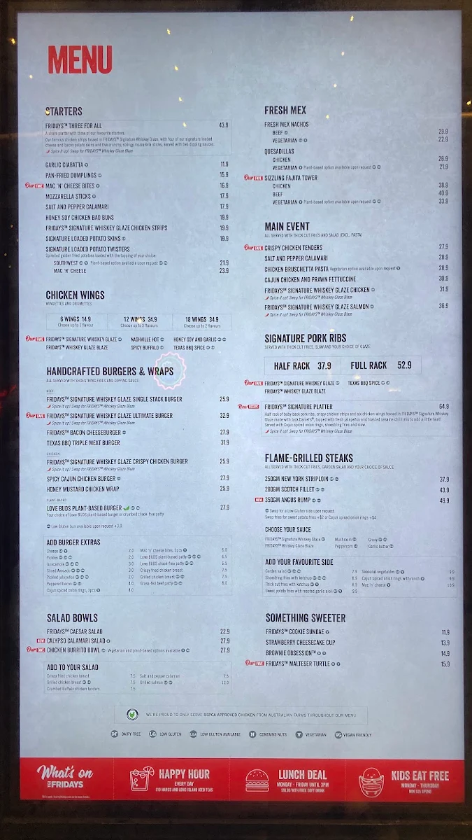 Menu, TGI Fridays Doncaster