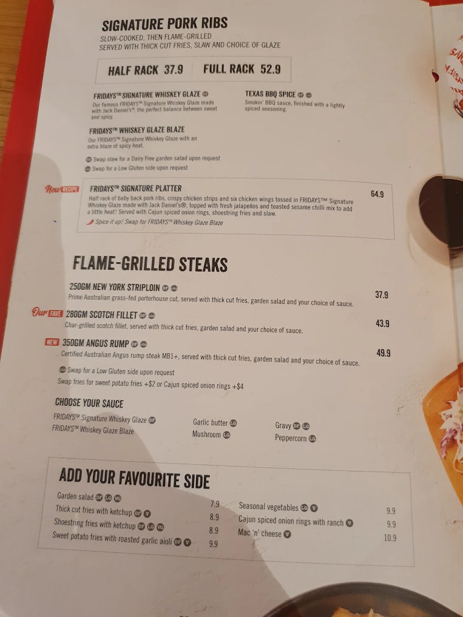Menu, TGI Fridays Doncaster
