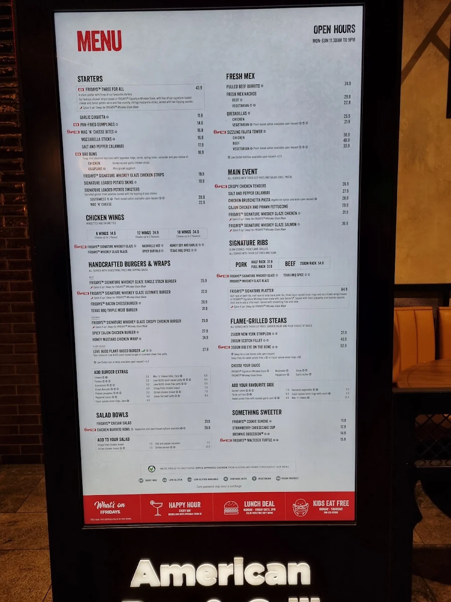 Menu, TGI Fridays Doncaster