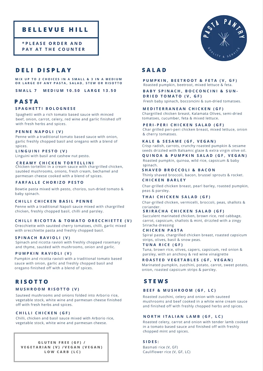 Menu, Pasta Pantry Bellevue Hill