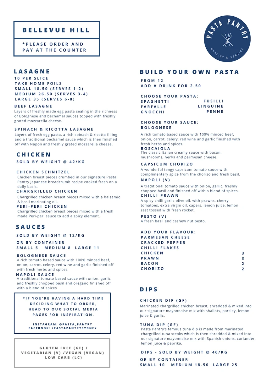 Menu, Pasta Pantry Bellevue Hill