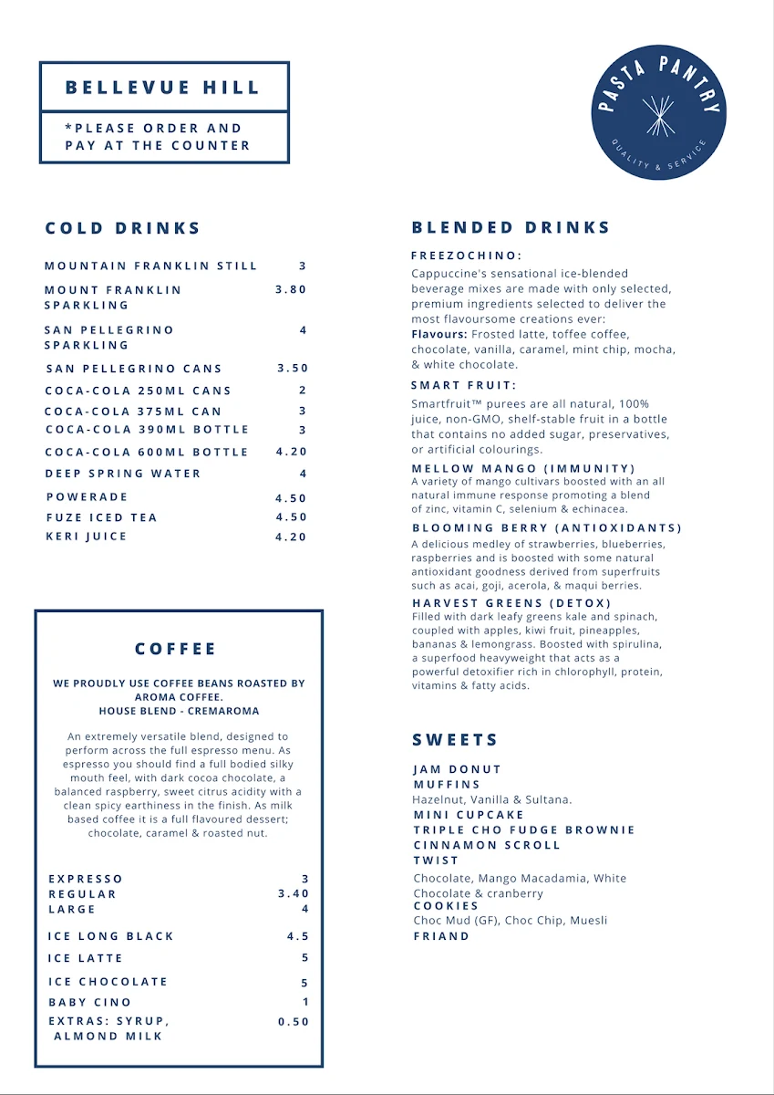 Menu, Pasta Pantry Bellevue Hill
