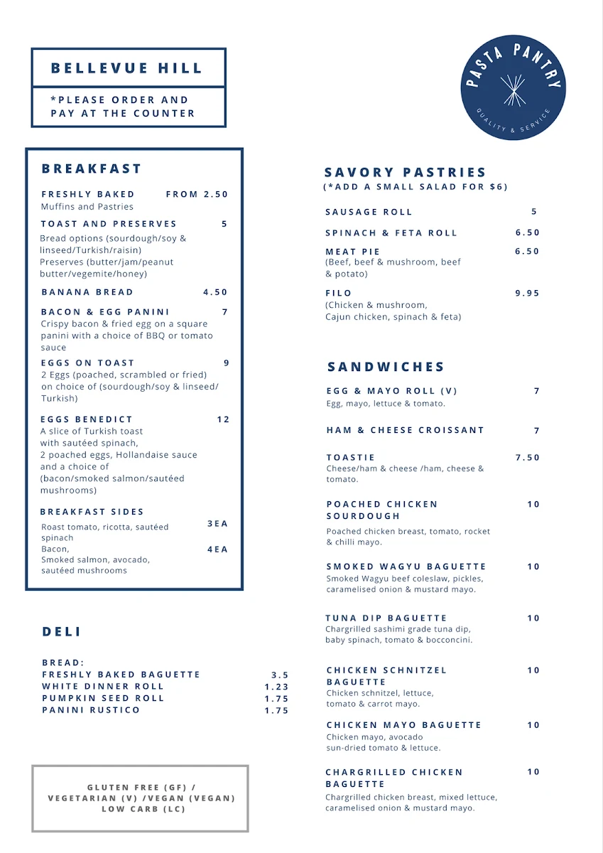 Menu, Pasta Pantry Bellevue Hill