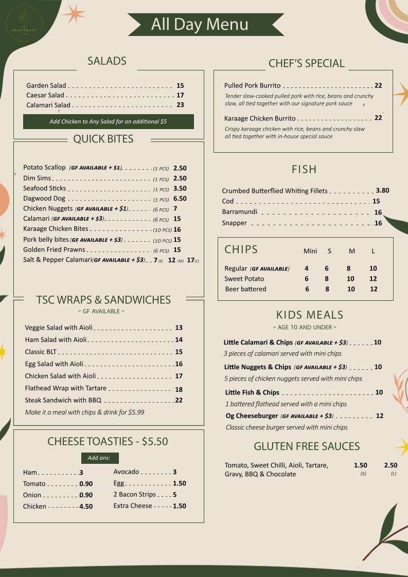 Menu, The Sanctuary Cafe Dicky Beach