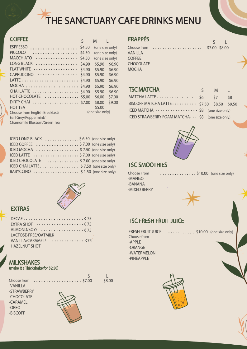 Menu, The Sanctuary Cafe Dicky Beach