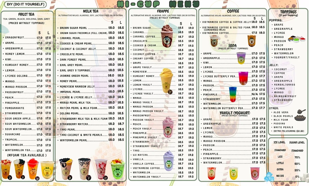 Menu, Hi Cup Bubble Tea Caneland, MACKAY