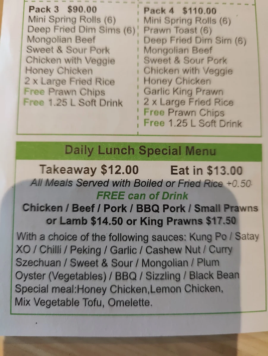 Menu, Pacific Chinese Restaurant 華苑餐廳