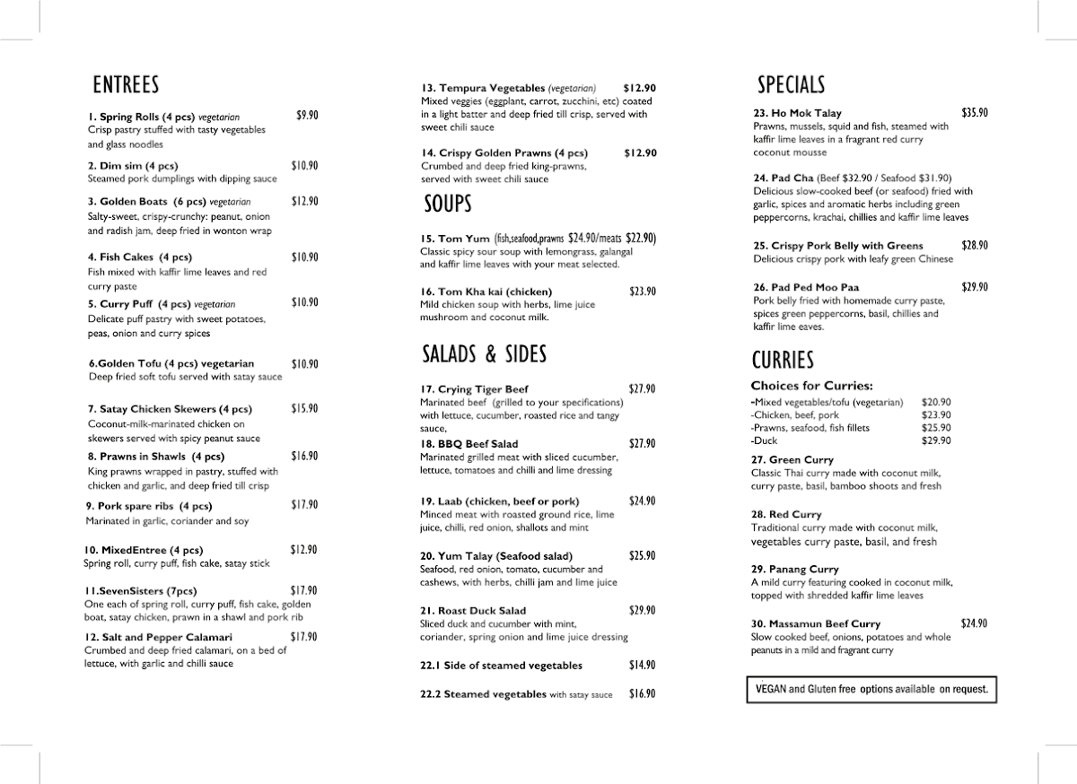 Menu, Fat Baby Thai