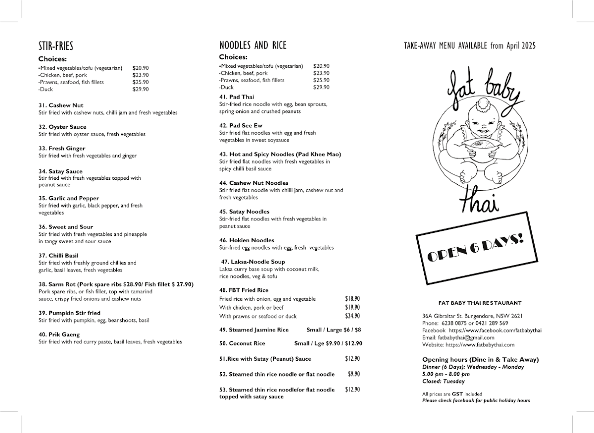 Menu, Fat Baby Thai