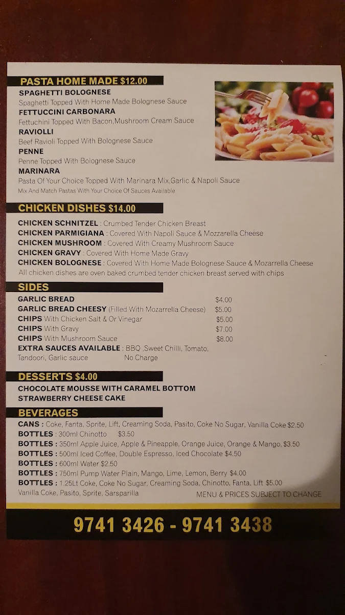 Menu, Vincent's Pizza & Pasta