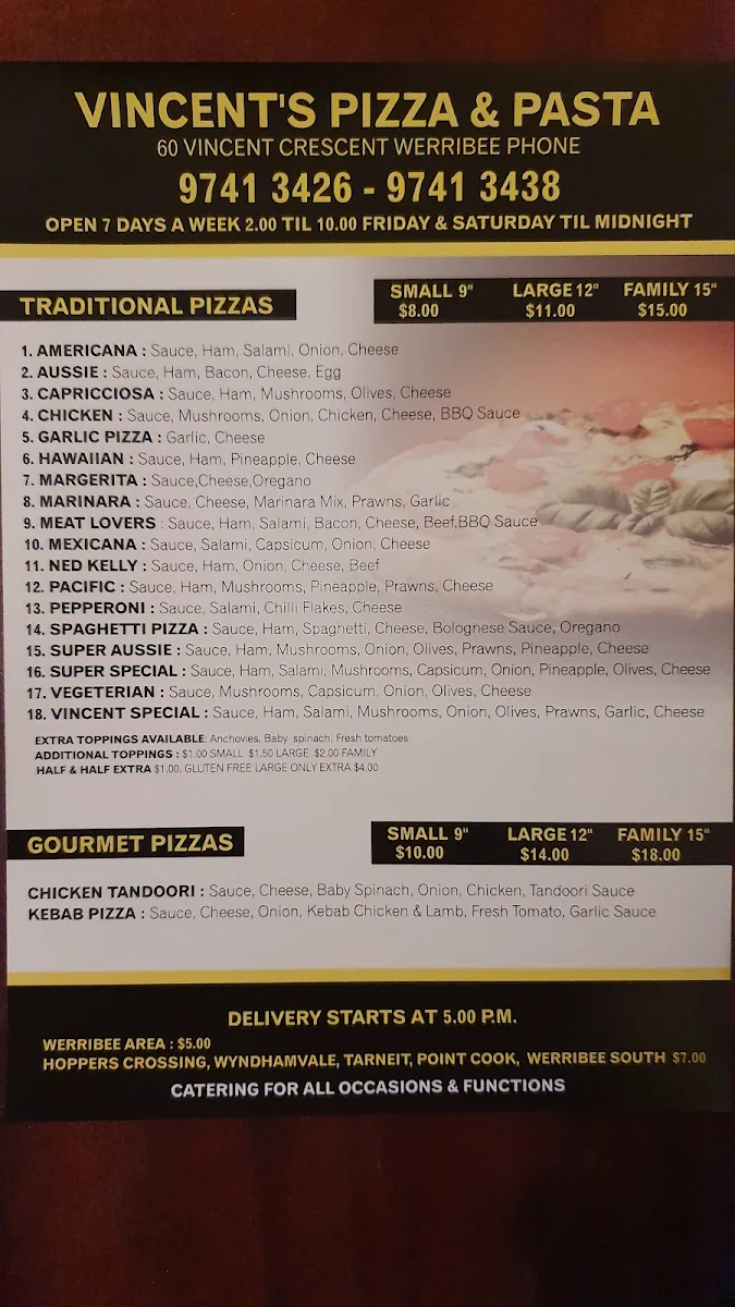 Menu, Vincent's Pizza & Pasta