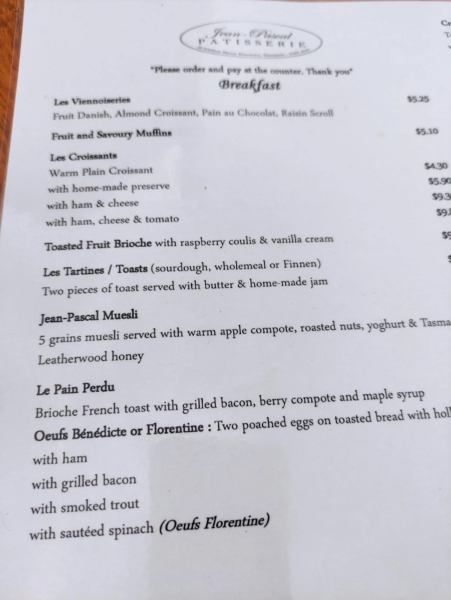Menu, Jean-Pascal Patisserie