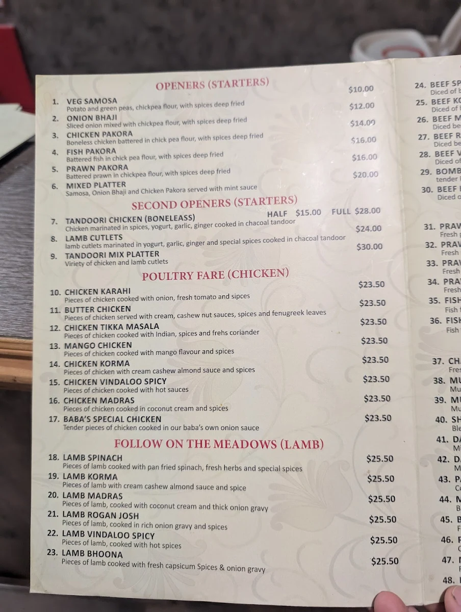 Menu, Baba's kitchen