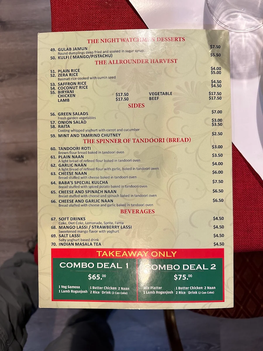 Menu, Baba's kitchen