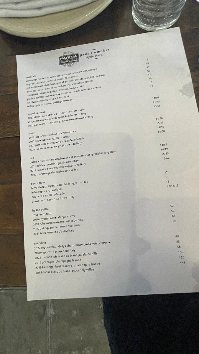 Menu, Farina 00 Pasta & Wine