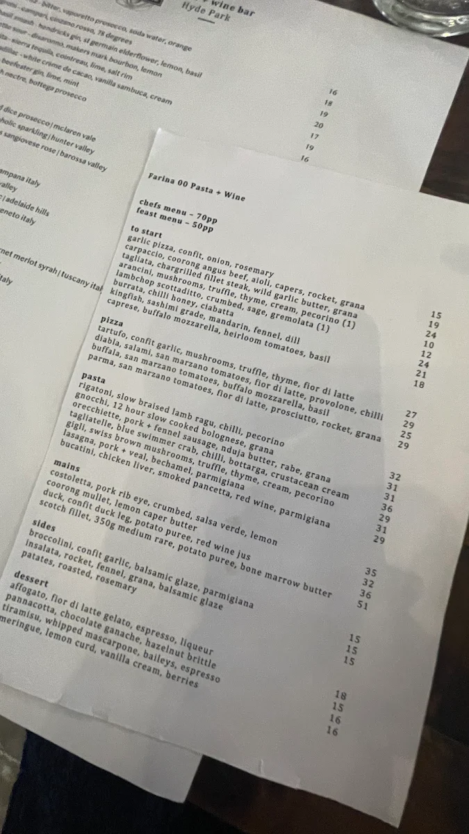 Menu, Farina 00 Pasta & Wine